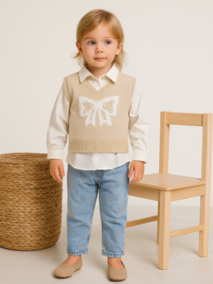 Kız Çocuk Taş İşlemeli Triko Süveter-gömlek-fiyonk Desenli Kot Pantolon Takım - Almira Bebek