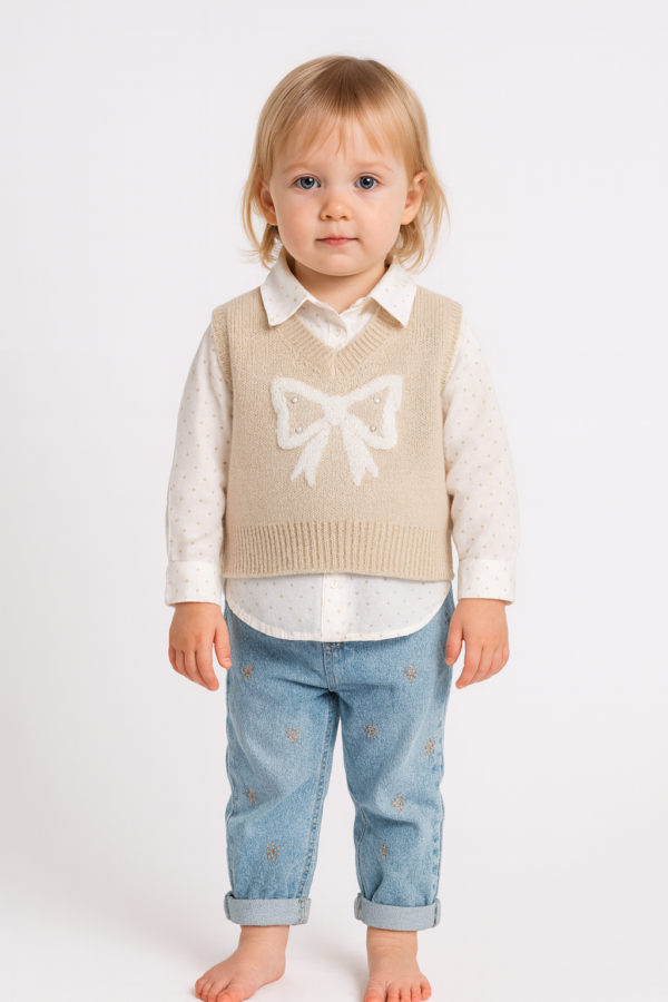 Kız Çocuk Taş İşlemeli Triko Süveter-gömlek-fiyonk Desenli Kot Pantolon Takım - 2. görsel