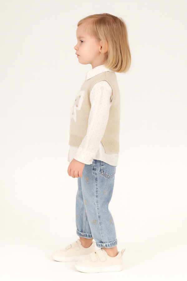 Kız Çocuk Taş İşlemeli Triko Süveter-gömlek-fiyonk Desenli Kot Pantolon Takım - 3. görsel