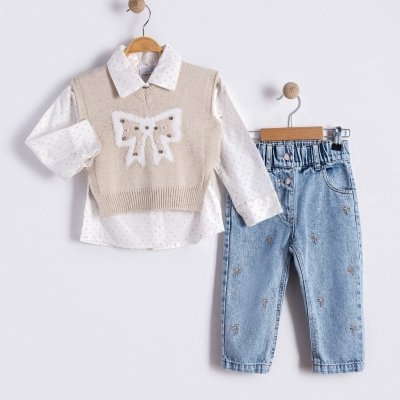 Kız Çocuk Taş İşlemeli Triko Süveter-gömlek-fiyonk Desenli Kot Pantolon Takım - 4. görsel