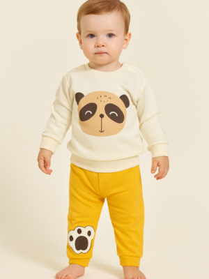 Erkek Çocuk Panda Kafa Baskılı Uzun Kollu Pamuklu Takım - Almira Bebek
