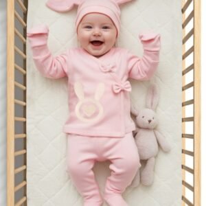 Kız Bebek Fiyonk Detaylı Tavşanlı 5li Zıbın Takımı - Almira Bebek