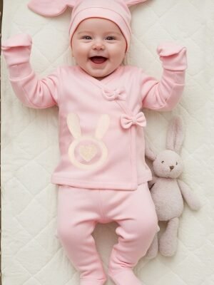 Kız Bebek Fiyonk Detaylı Tavşanlı 5li Zıbın Takımı - Almira Bebek