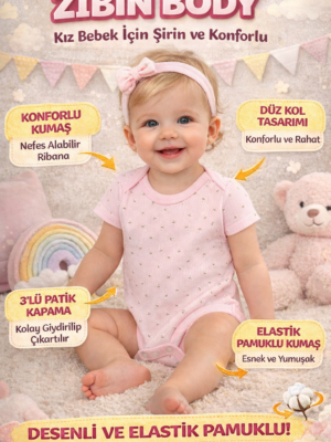 Kız Bebek Çiçek Desenli Kısa Kollu Pamuklu Çıtçıtlı Body Bebek Giyim Pembe