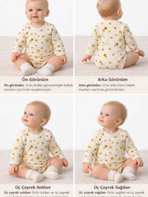 Unisex Çiçek Ve Arı Desenli Uzun Kollu Çıtçıtlı Bady - Almira Bebek