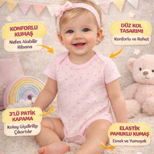 Kız Bebek Çiçek Desenli Kısa Kollu Çıtçıtlı Bady - Bebek Giyim