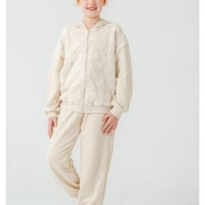 Kız Çocuk Tüllü Çiçek Nakışlı- Kapşonlu -fermuarlı Eşofman Takımı - Almira Bebek