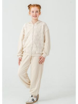 Kız Çocuk Tüllü Çiçek Nakışlı- Kapşonlu -fermuarlı Eşofman Takımı - Almira Bebek