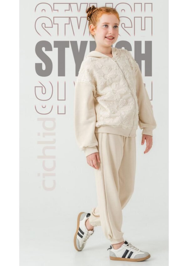 Kız Çocuk Tüllü Çiçek Nakışlı- Kapşonlu -fermuarlı Eşofman Takımı - 2. görsel