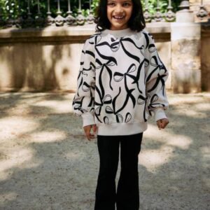 Kız Çocuk Fiyonk Baskılı İspanyol Paça Pantolonlu Takım - Almira Bebek