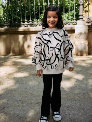 Kız Çocuk Fiyonk Baskılı İspanyol Paça Pantolonlu Takım - Almira Bebek