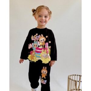 Kız Çocuk So Cute Monsters Yazılı Labubulu Siyah Renk Takım - Almira Bebek