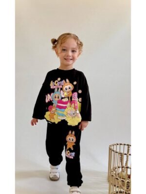 Kız Çocuk So Cute Monsters Yazılı Labubulu Siyah Renk Takım - Almira Bebek