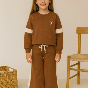 Kız Çocuk Yanı Şeritli Bol Paçalı Kahve Renk Eşofman Takım - Almira Bebek