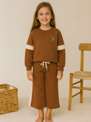 Kız Çocuk Yanı Şeritli Bol Paçalı Kahve Renk Eşofman Takım - Almira Bebek