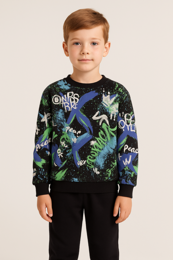 Erkek Çocuk Yazı Baskılı Siyah Renk Eşofman Takım - 3. görsel