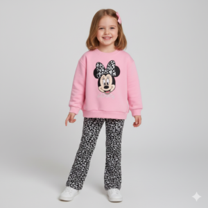 Kız Çocuk Minnie Baskılı - Uzun Kollu- 2 İp -leoparlı Takım - Almira Bebek