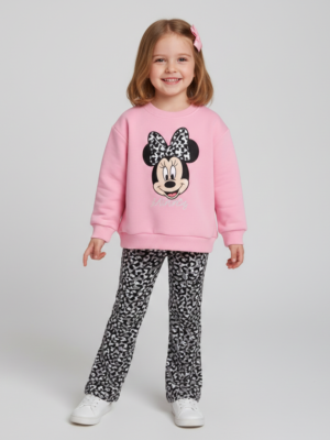 Kız Çocuk Minnie Baskılı - Uzun Kollu- 2 İp -leoparlı Takım - Almira Bebek