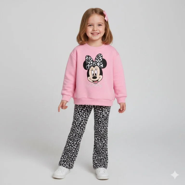 Kız Çocuk Minnie Baskılı - Uzun Kollu- 2 İp -leoparlı Takım