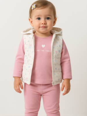 Kız Bebek Çiçek Desenli- Kapşonlu -şişme Yelekli -takım - Almira Bebek