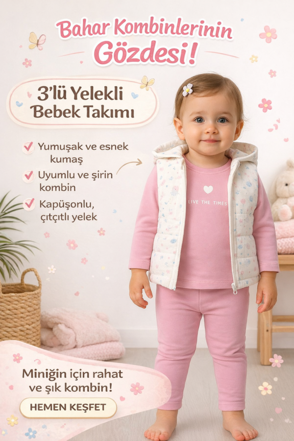 Kız Bebek Çiçek Desenli- Kapşonlu -şişme Yelekli -takım - 4. görsel