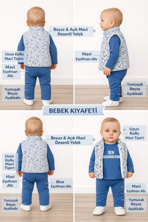 Erkek Bebek Çizgi Desenli- Kapşonlu -şişme Yelekli Takım - 5. görsel