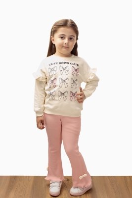 Kız Çocuk Fiyonk Baskılı -uzun Kollu - Fitilli Taytlı Takım - Almira Bebek