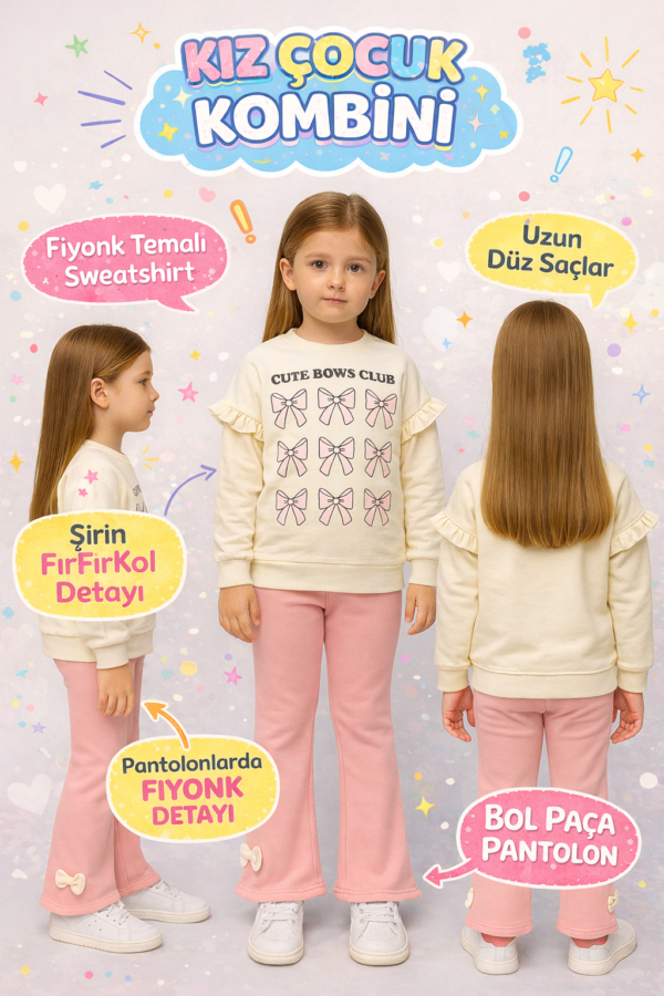 Kız Çocuk Fiyonk Baskılı -uzun Kollu - Fitilli Taytlı Takım - 5. görsel