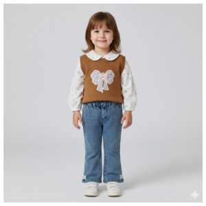 Kız Bebek Fiyonk Detaylı -triko Süveter- Çiçekli Gömlek- Kot Pantolon Takım - Almira Bebek