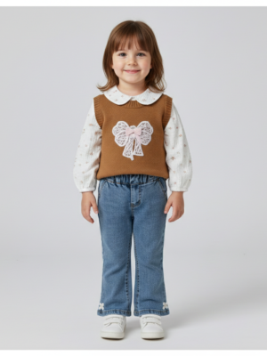 Kız Bebek Fiyonk Detaylı -triko Süveter- Çiçekli Gömlek- Kot Pantolon Takım - Almira Bebek