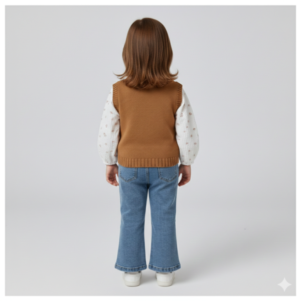 Kız Bebek Fiyonk Detaylı -triko Süveter- Çiçekli Gömlek- Kot Pantolon Takım - 3. görsel