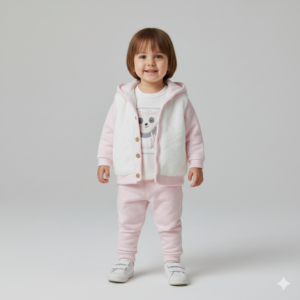 Kız Bebek Peluş - Kağşonlu-düğmeli Hırka-panda Baskılı-sweat-pantolon Takım - Almira Bebek