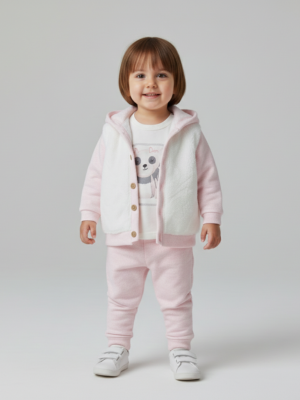 Kız Bebek Peluş - Kağşonlu-düğmeli Hırka-panda Baskılı-sweat-pantolon Takım - Almira Bebek