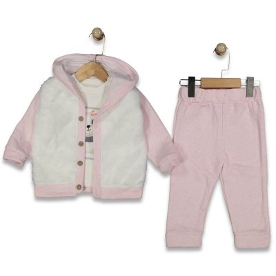 Kız Bebek Peluş - Kağşonlu-düğmeli Hırka-panda Baskılı-sweat-pantolon Takım - 4. görsel