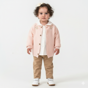 Kız Çocuk Çiçek Nakışlı- Düğmeli -triko Kırka-müslin Gömlekli -pantolon Takım - Almira Bebek