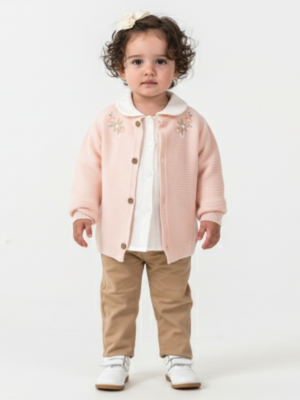 Kız Çocuk Çiçek Nakışlı- Düğmeli -triko Kırka-müslin Gömlekli -pantolon Takım - Almira Bebek