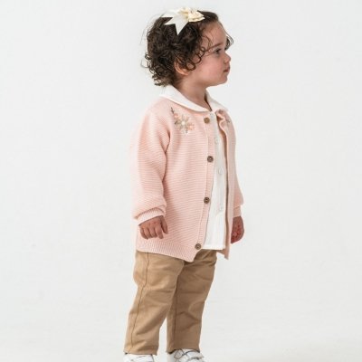 Kız Çocuk Çiçek Nakışlı- Düğmeli -triko Kırka-müslin Gömlekli -pantolon Takım - 2. görsel