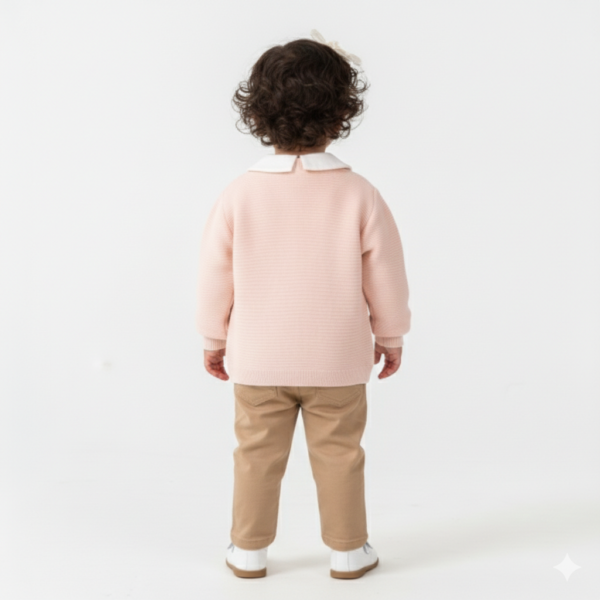 Kız Çocuk Çiçek Nakışlı- Düğmeli -triko Kırka-müslin Gömlekli -pantolon Takım - 3. görsel