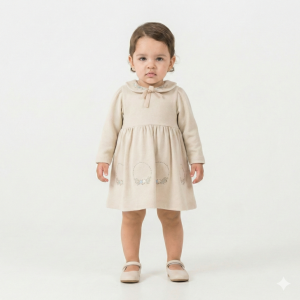 Kız Bebek Çiçek Nakışlı -uzun Kollu- Fitilli Elbise - 2. görsel