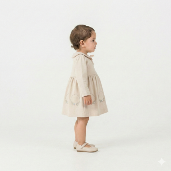 Kız Bebek Çiçek Nakışlı -uzun Kollu- Fitilli Elbise - 3. görsel