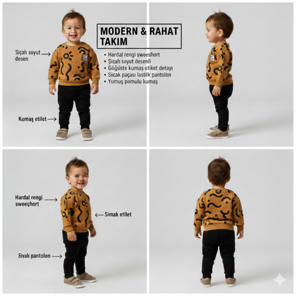 Erkek Bebek Çizgi Detaylı-uzun Kollu- Kahve Renk 3 İp Takım - 4. görsel