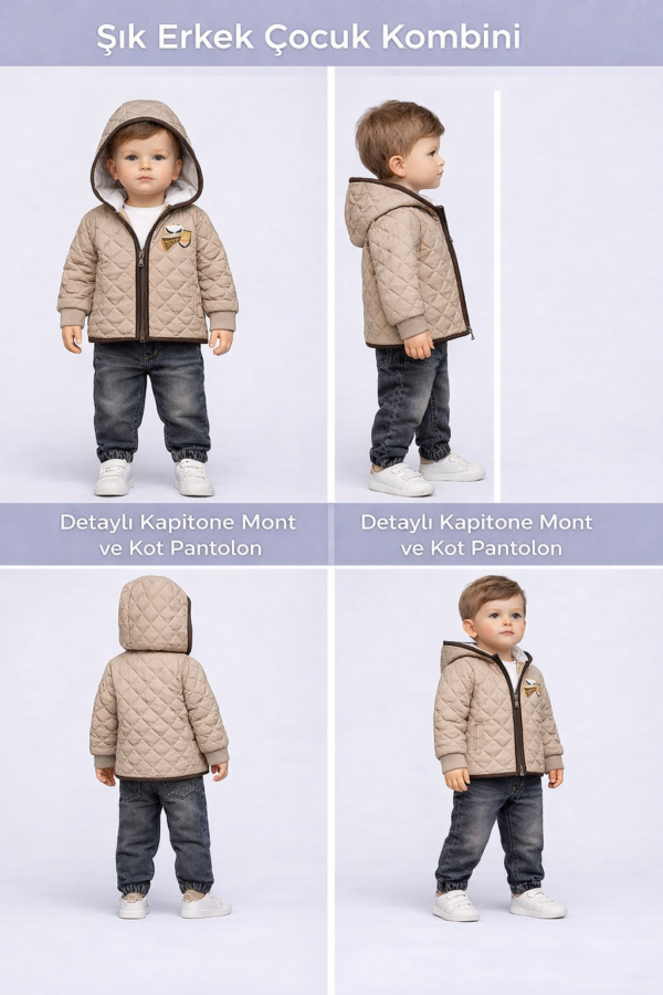 Erkek Bebek Kapşonlu - Kapitone Montlu -kot Pantolonlu 3lü Takım - 4. görsel