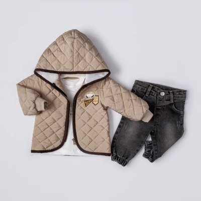 Erkek Bebek Kapşonlu - Kapitone Montlu -kot Pantolonlu 3lü Takım - 5. görsel