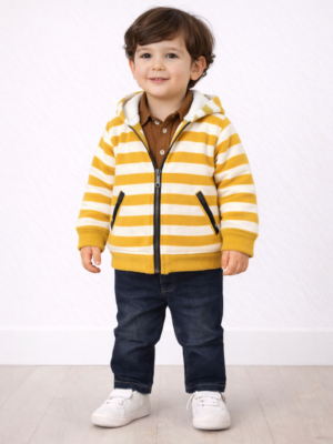 Erkek Bebek Çizgi Desenli-fermuarlı-hırka-gömlek-uzun Kollu Bady-pantolon Takım - Almira Bebek