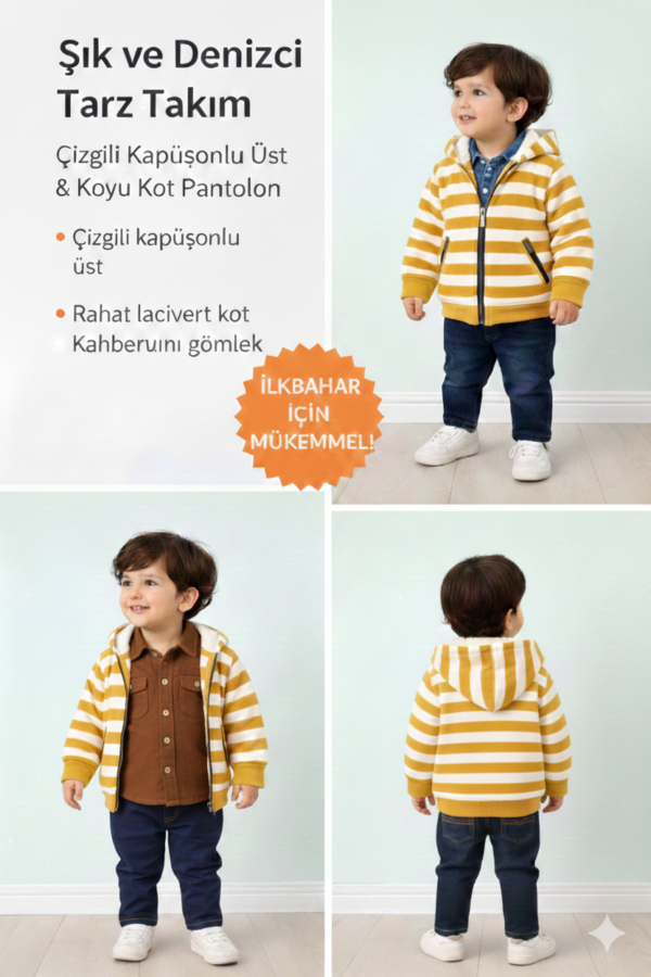 Erkek Bebek Çizgi Desenli-fermuarlı-hırka-gömlek-uzun Kollu Bady-pantolon Takım - 3. görsel