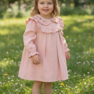 Kız Bebek Yakası Çiçek Nakışlı Kol Uçları Fırfırlı Elbise