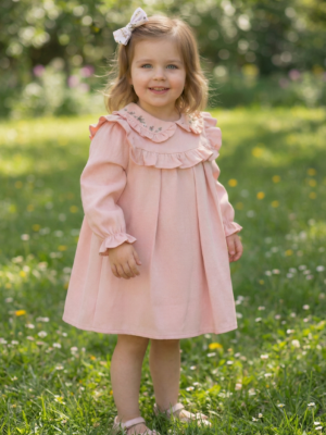 Kız Bebek Yakası Çiçek Nakışlı Kol Uçları Fırfırlı Elbise - Almira Bebek