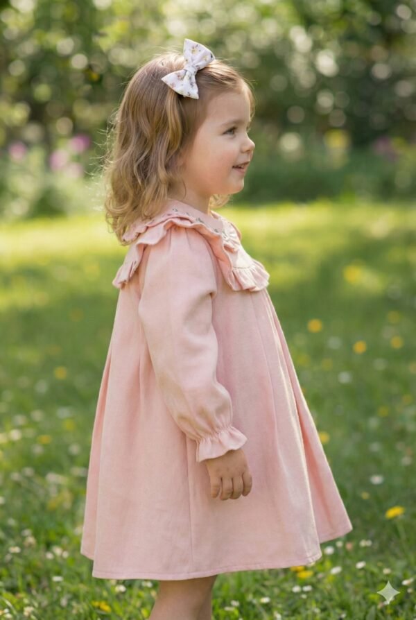 Kız Bebek Yakası Çiçek Nakışlı Kol Uçları Fırfırlı Elbise, kız çocuk giyim, şık ve rahat - Gorsel 2