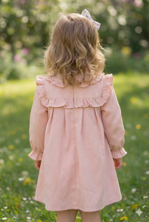 Kız Bebek Yakası Çiçek Nakışlı Kol Uçları Fırfırlı Elbise, kız çocuk giyim, şık ve rahat - Gorsel 3