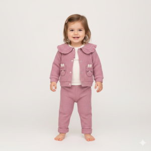 Kız Bebek Waflle Kumaşlı- Fırfır Yakalı-zıbınlı 3lü Takım - Almira Bebek